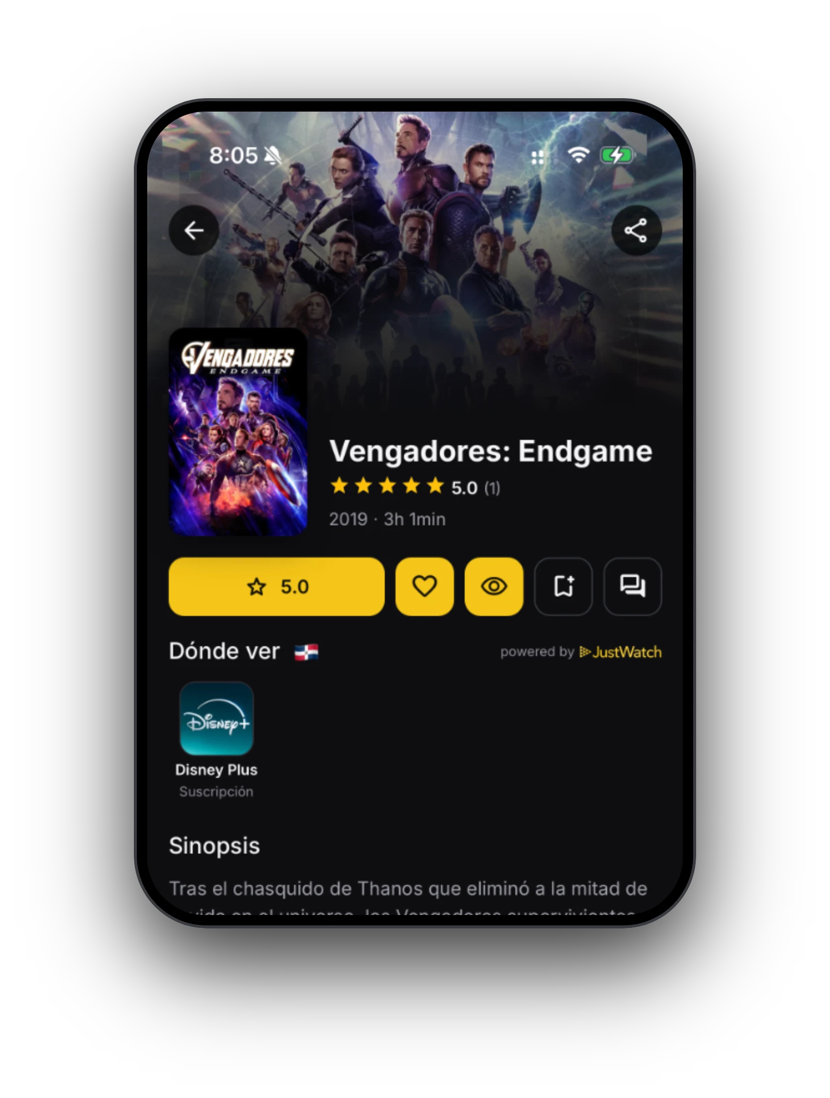 Ficha de una película en la app En El Rodaje