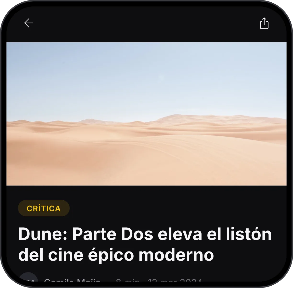Artículo de noticias de cine en la app