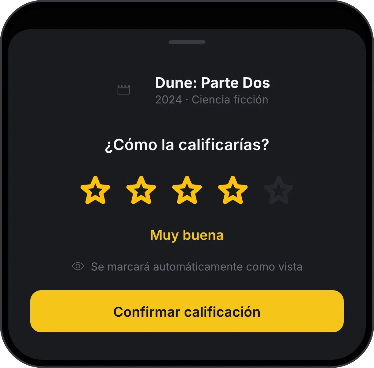 Pantalla de calificación con estrellas para una película
